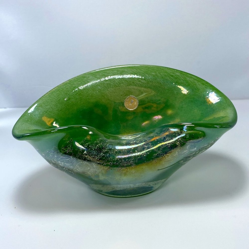 Vintage Handblown Opaque Green Glass Folded Dish Made in Romania *read*